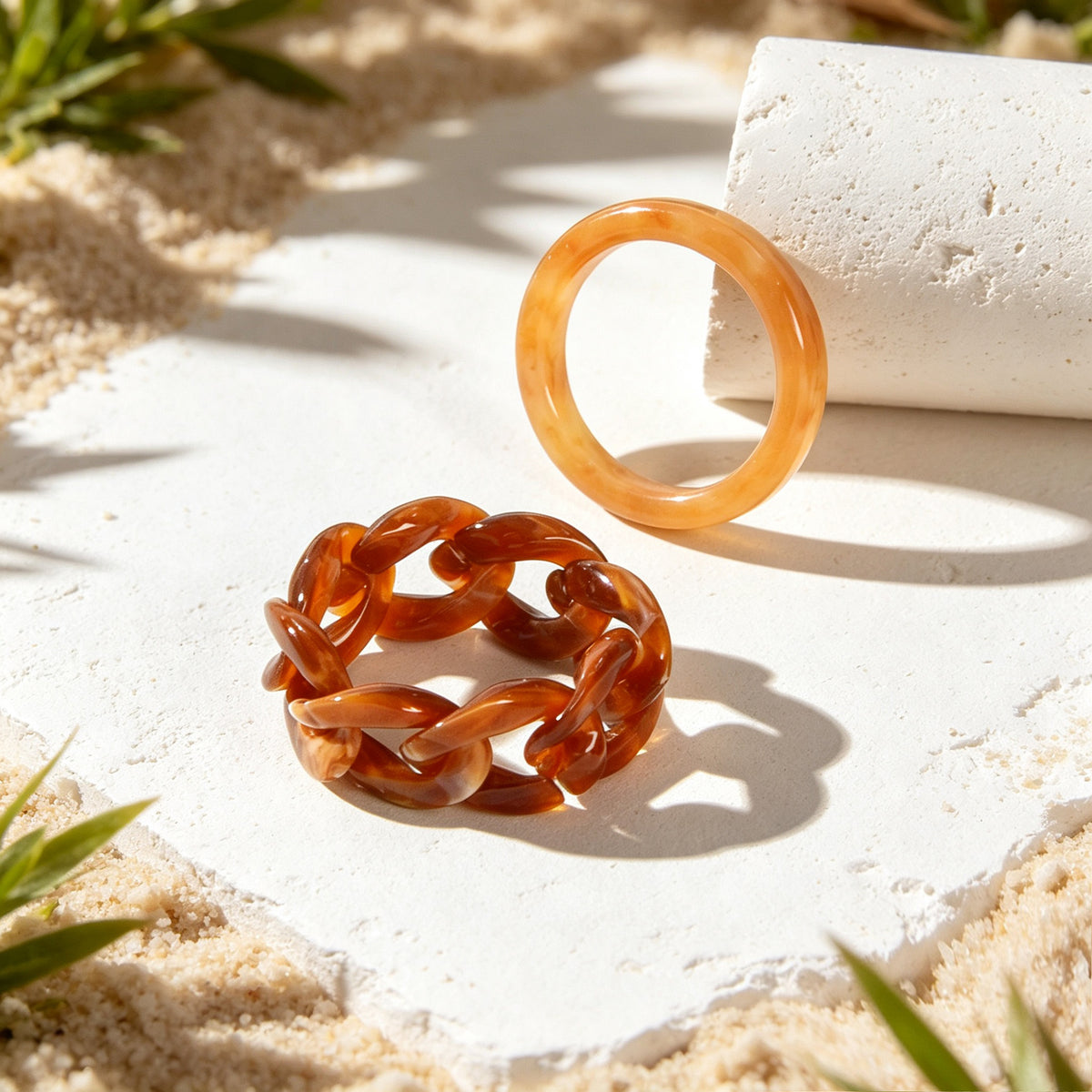2pcs Resin Link Circle Stackable Finger Rings Boho Summer Beach Vacation Jewelry