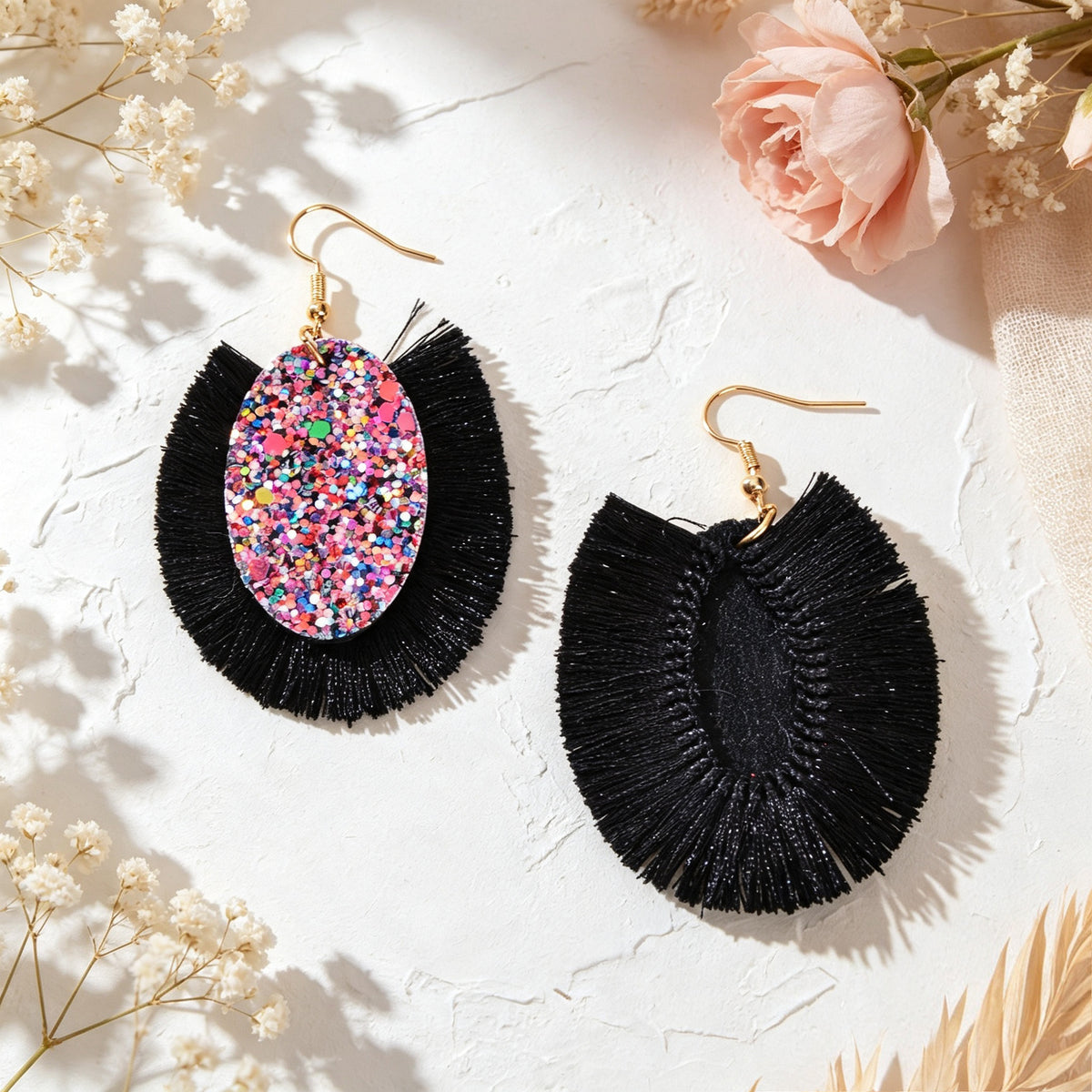 Boho Colorful Tassel Sequin Oval Dangle Earrings Chunky Summer Beach Vacation Statement Jewelry