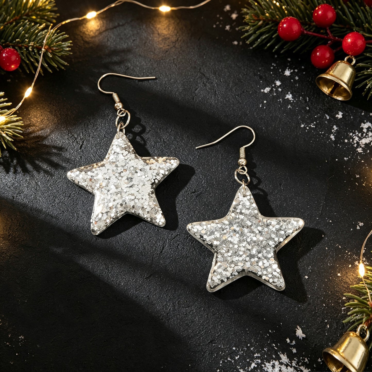 Xmas Silver Glitter Star Hook Dangle Earring Christmas Trendy Party Jewelry Gift