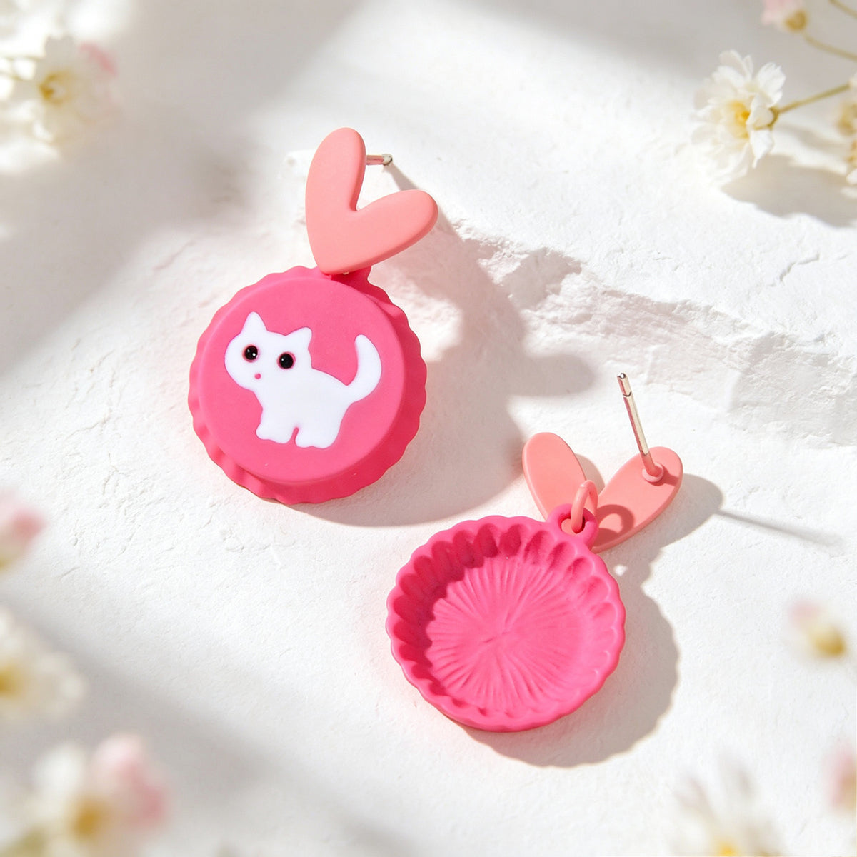 Cute Hotpink Heart Cartoon White Cat Drop Earrings Sweet Lovely Jewellery Gift