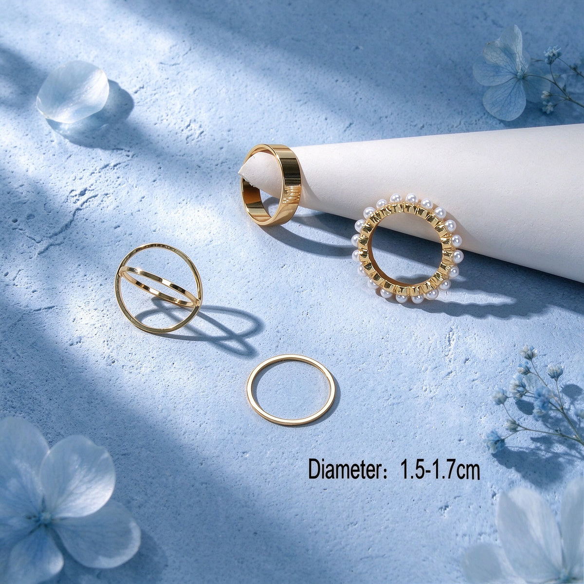 4pcs Gold Faux Pearls X Cross Wide Thin Stackable Knuckle Midi Finger Rings set