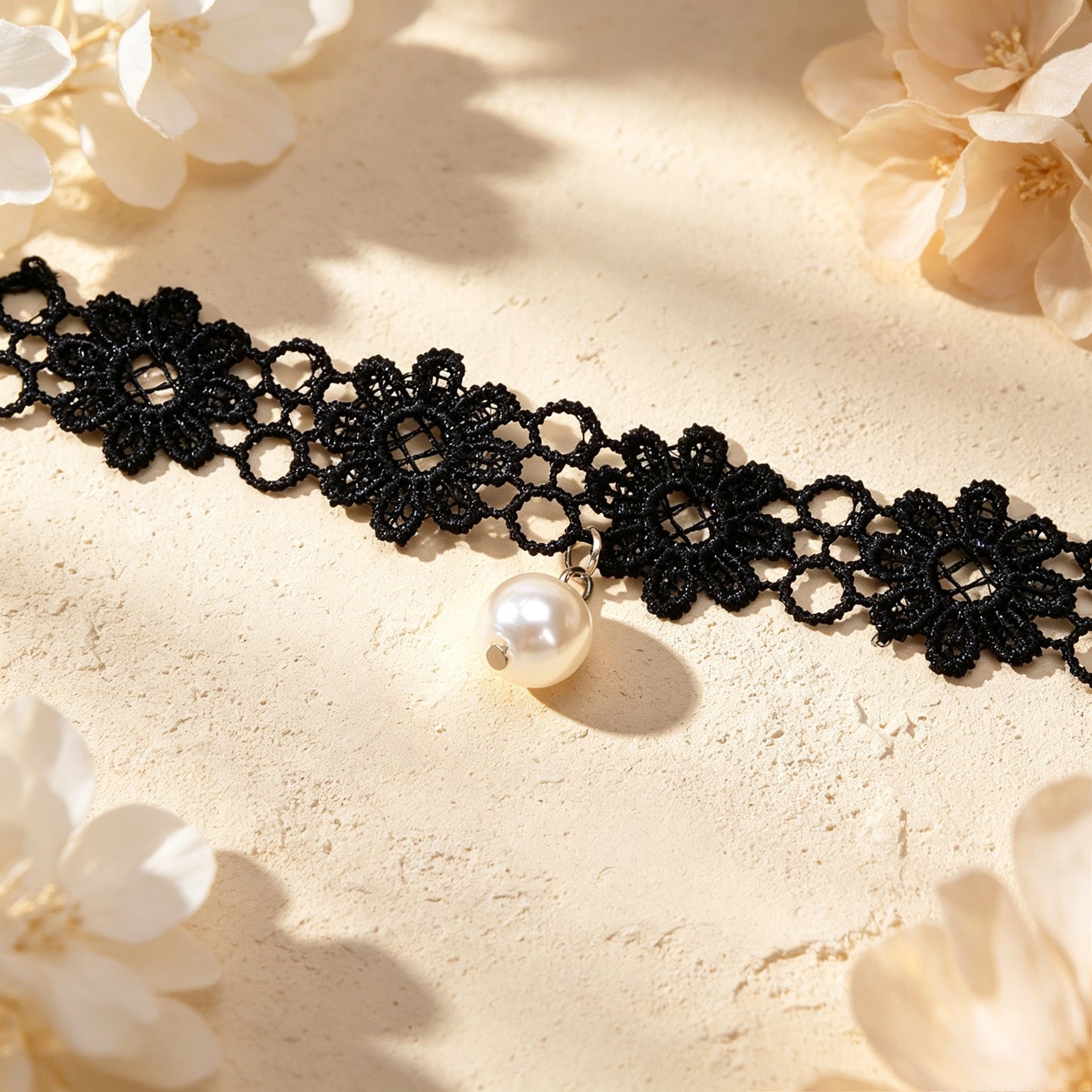 Elegant Black Flower Lace Choker Necklace Imitation Pearl Party Vacation Jewelry