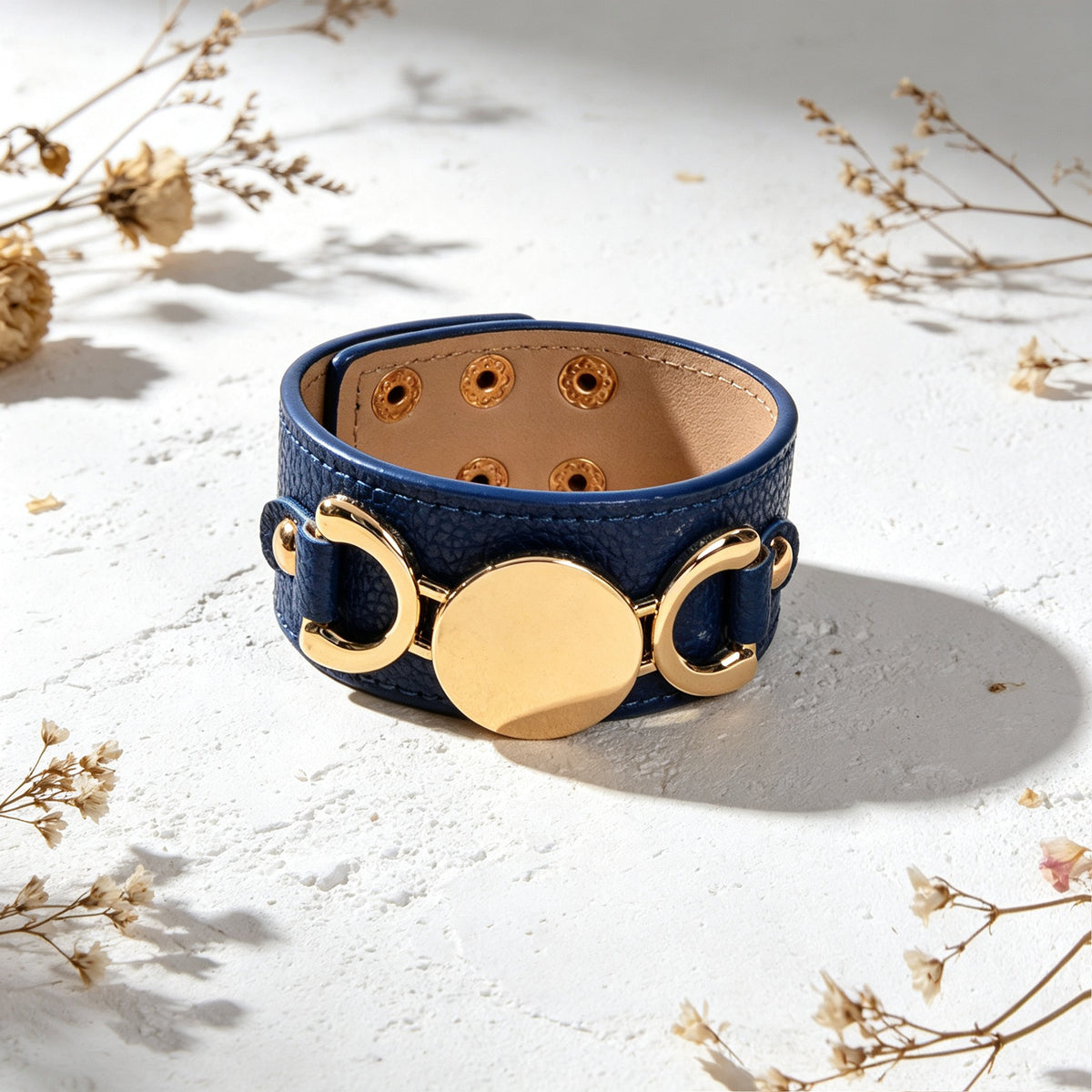 PU Leather Adjustable Wide Bracelet Punk Metal Round Geometric Wrist Accessories