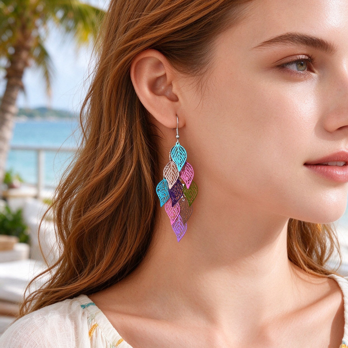 Hollow Multi Layer Leaf Tassel Dangle Earrings Boho Vacation Party Jewelry Gift