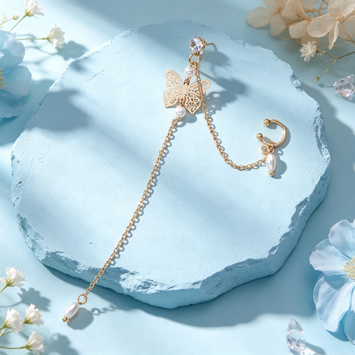 1 pc Butterfly Long Fringe Chain Ear Cuff Climber Earring Imitation Pearl Decor Elegant Prom Party Jewelry