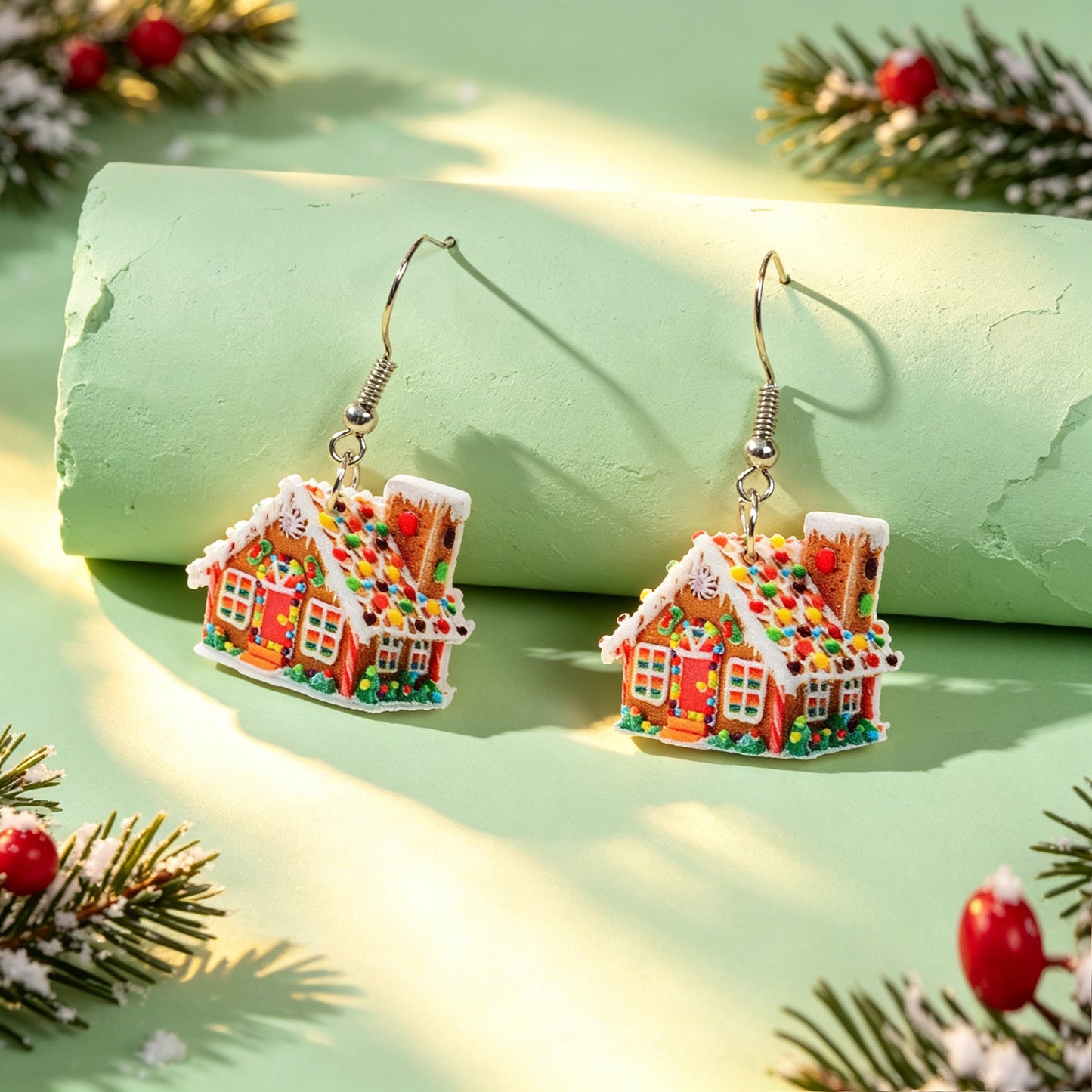 Christmas Colorful Gingerbread House Acrylic Dangle Earrings Cute Holiday Party Gathering Jewelry Gift