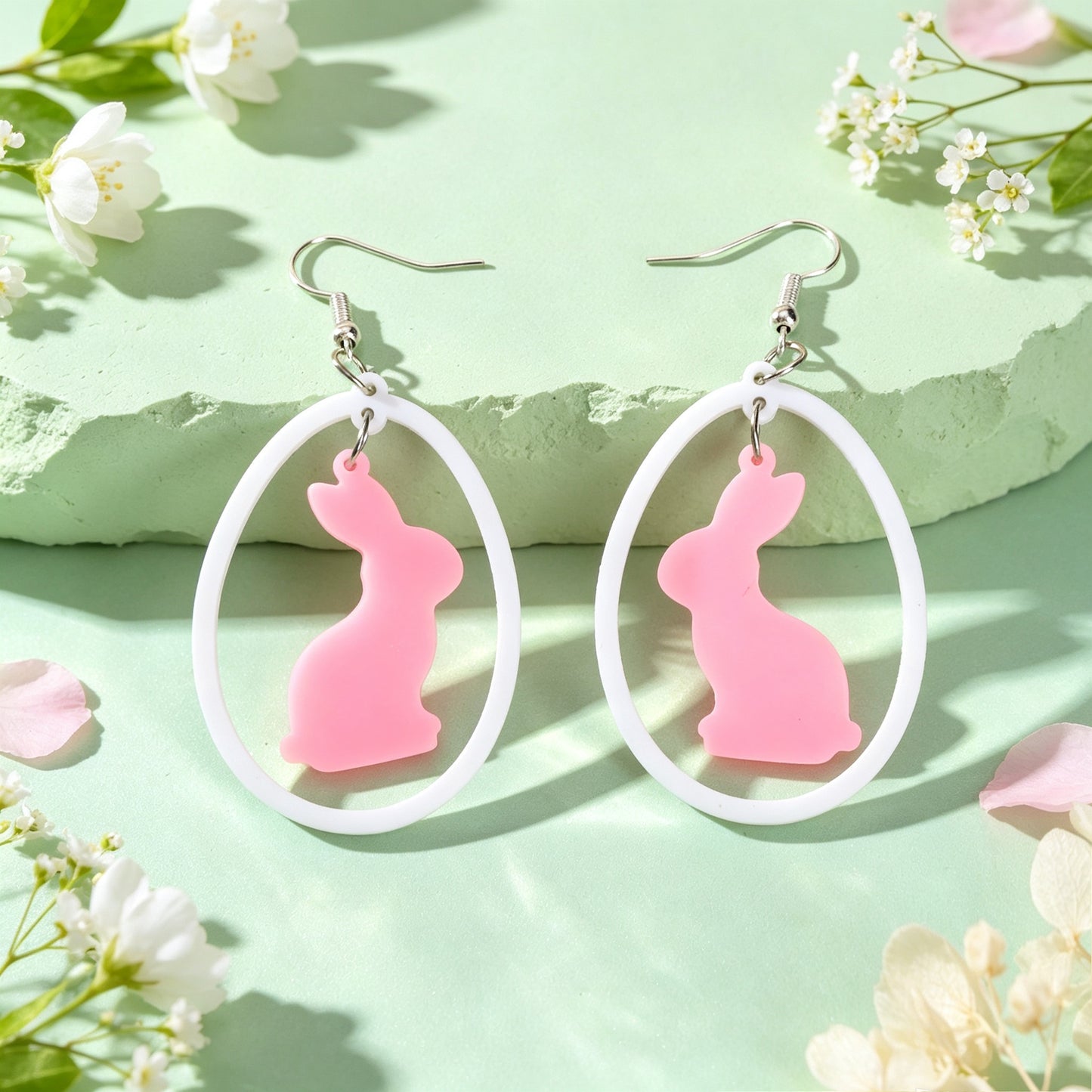 Cute Pink Rabbit Acrylic Dangle Earrings White Oval Frame Easter Beach Sweet Accessories