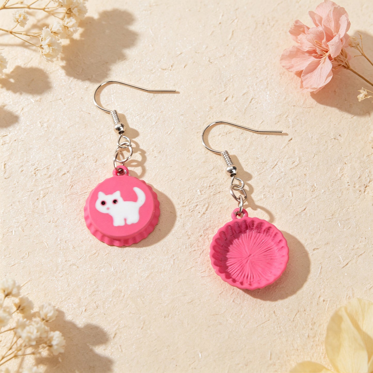 Cute White Cat Hotpink Bottle Cap Dangle Earrings Sweet Jewelry for Daily Party Gift