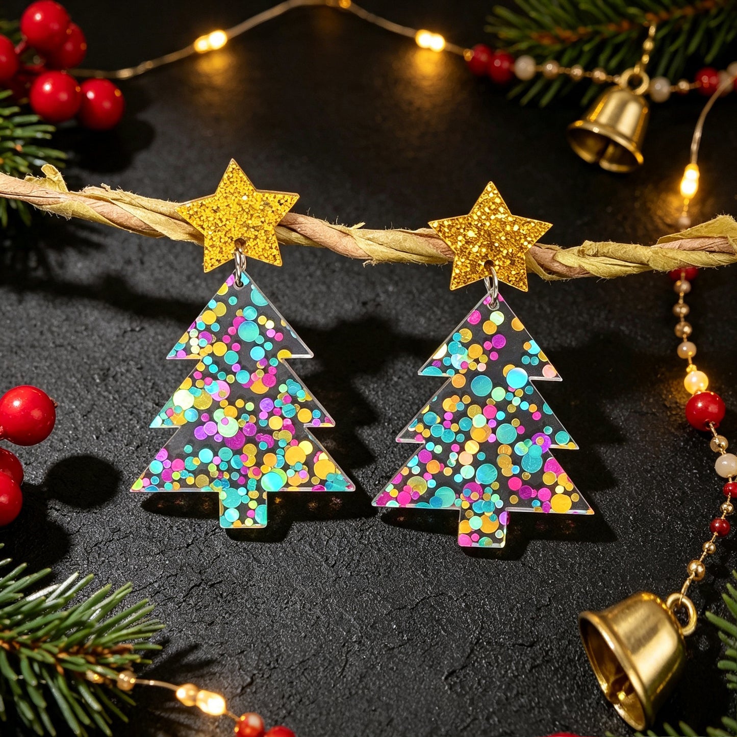 Christmas Tree Dangle Earrings Glitter Star Acrylic Colorful Xmas Party Jewelry