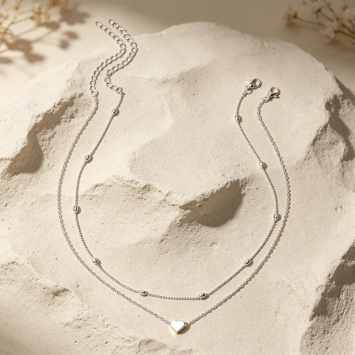 2pcs Dainty Jewelry Metal Beads Decor Gold Silver Chain Heart Pendant Necklaces