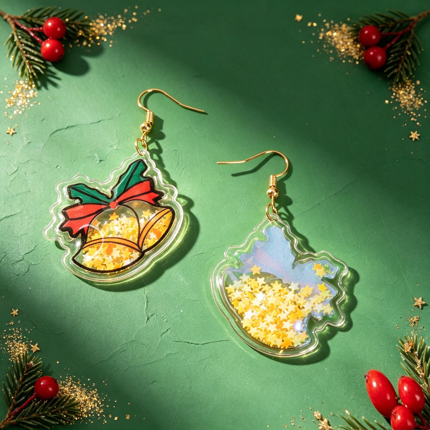 Glitter Christmas Bell Acrylic Dangle Earrings Star Bow Decor Cute Festive Gathering Jewelry Gift