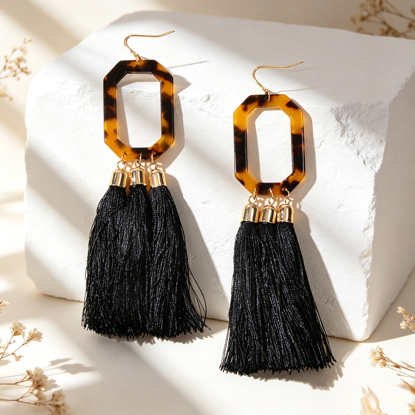 Acrylic Geometric Black Long Tassel Dangle Earrings Bohemian Jewelry for Beach Vacation Holiday