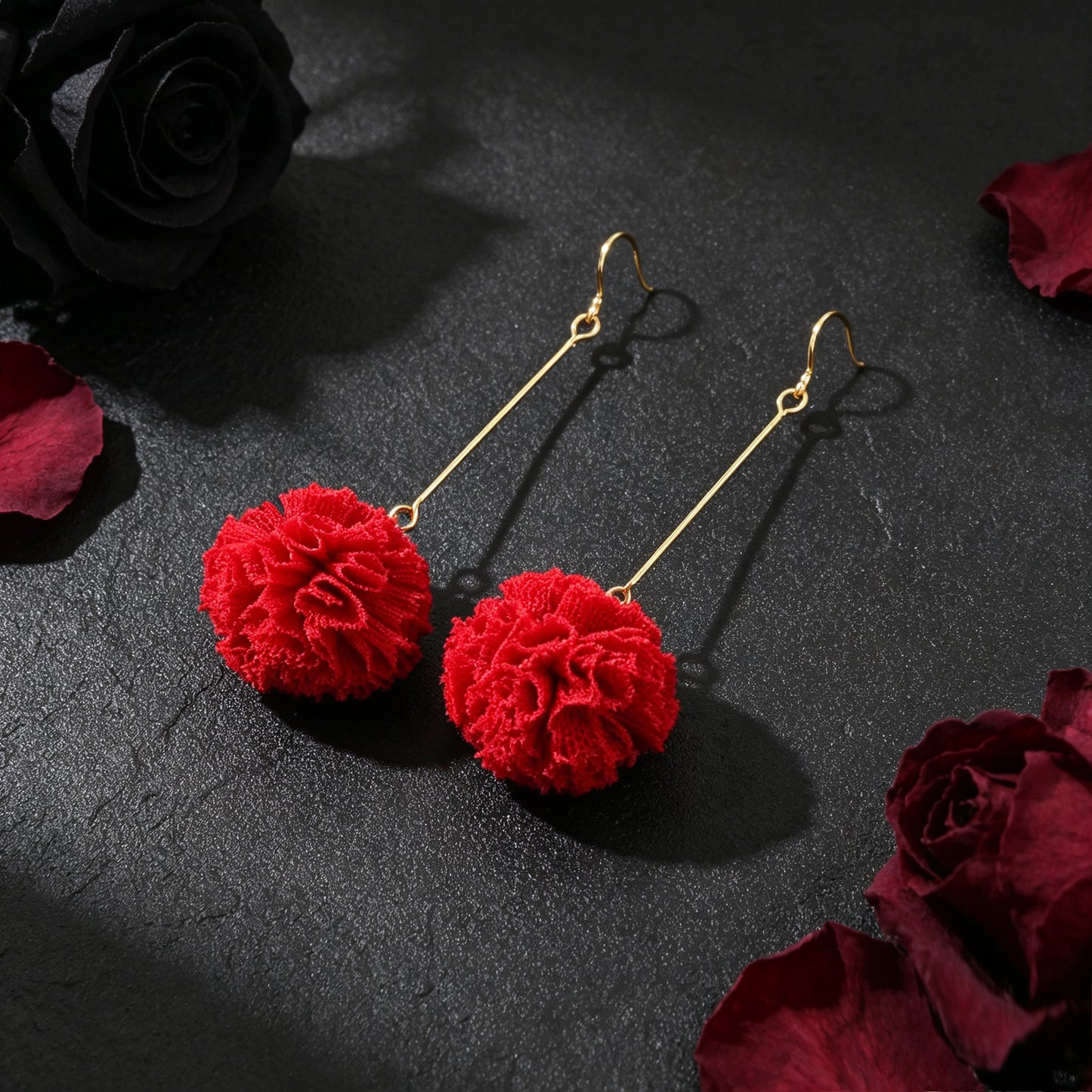 Romantic Red Fabric Flower Long Dangle Earrings Wedding Festival Party Jewelry