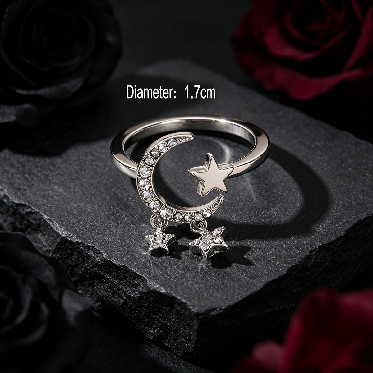 Glitter Rhinestone Silver Star Moon Finger Ring Engagement Wedding Jewelry Gift