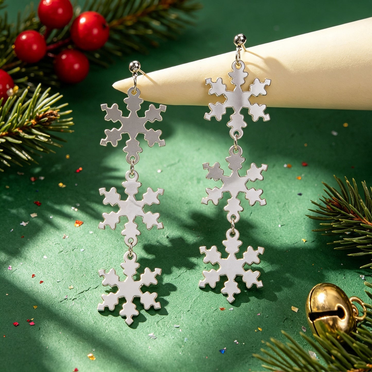 Romantic Silver Triple Snowflak Acrylic Dangle Earrings Lightweight Christmas Festival Jewelry