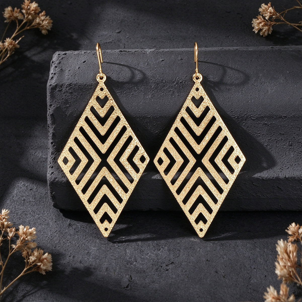 Rhombus Hollow Geometric Large Dangle Earring Black Silver Gold Vacation Jewelry