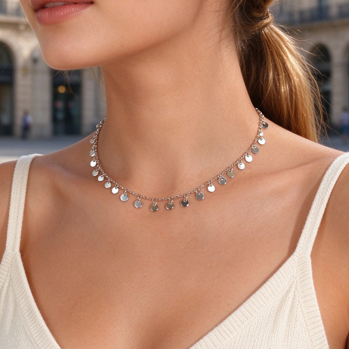 Dainty Coin Sequin Choker Necklace Round Disc Charm Minimalist Fashion Jewellery