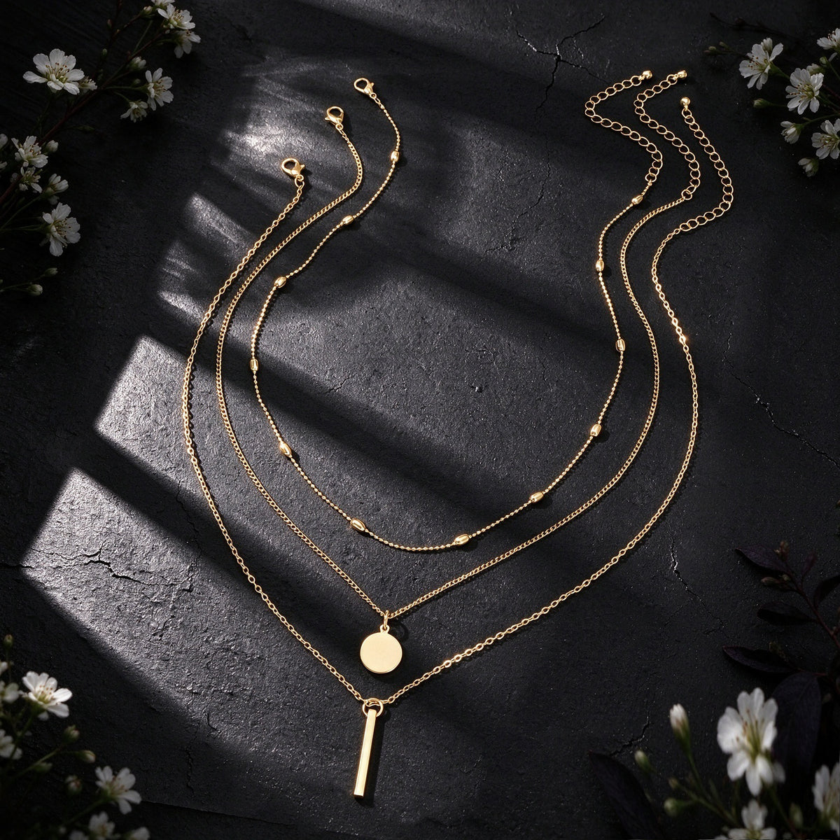 3pcs Minimalist Gold Layered Necklace Beads Disc Bar Decor Daily Party Jewellery