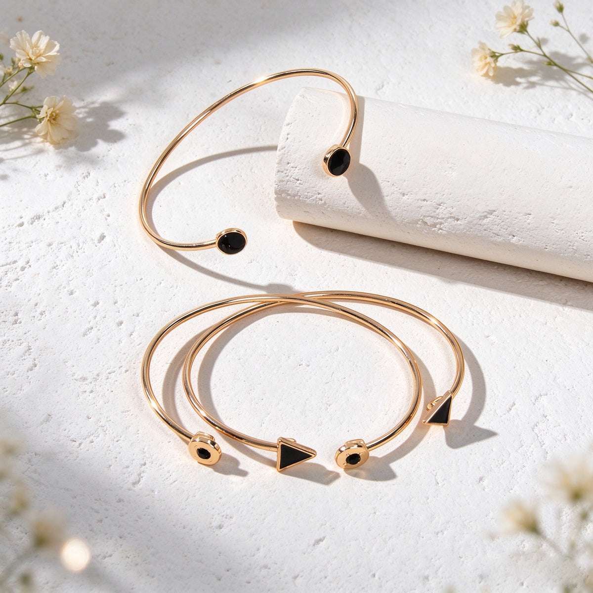 3pcs Gold Cuff Bangle Stackable Black Geometric Triangle Round Open Bracelet