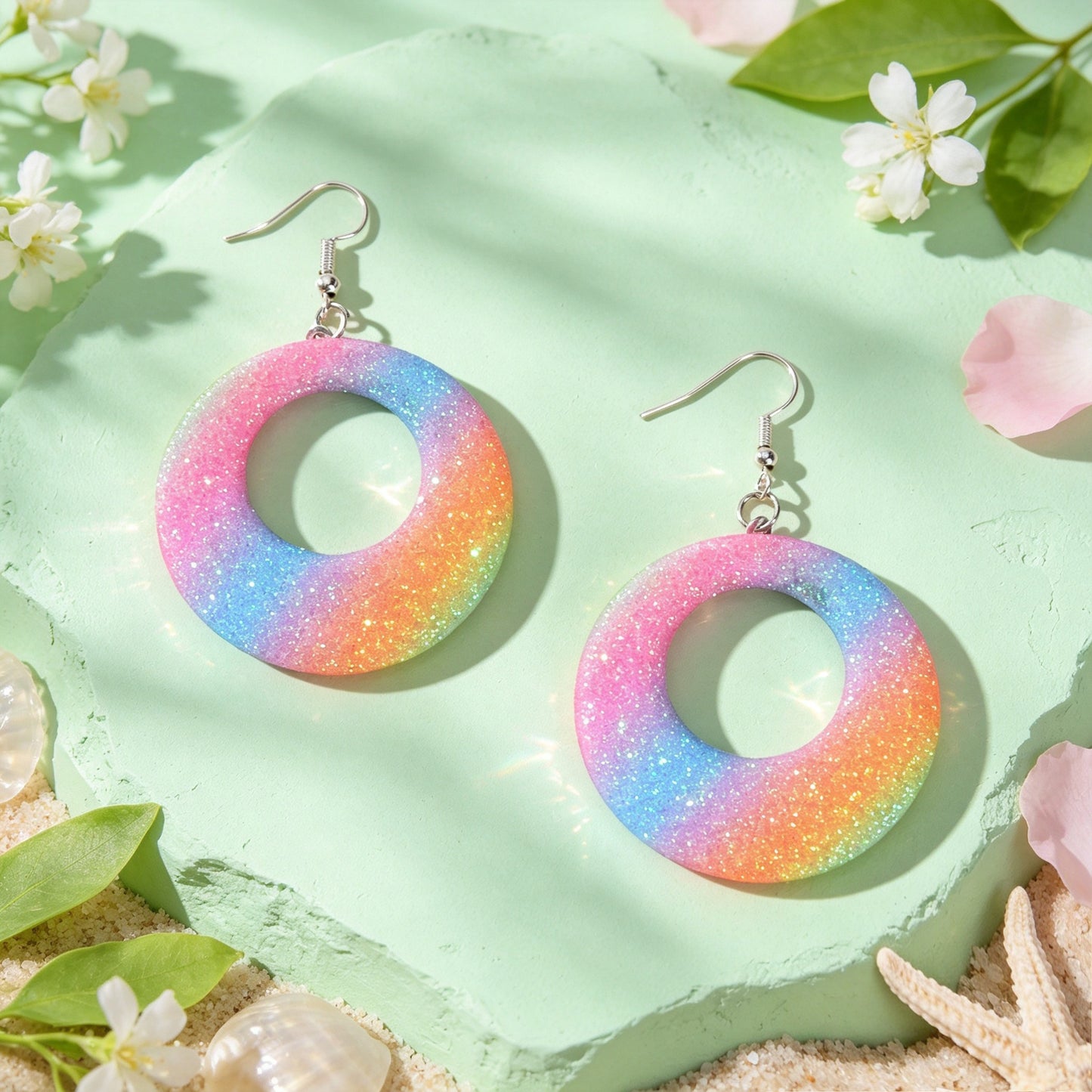 Rainbow Gradient Glitter Hollow Circle Geometric Dangle Earrings Y2K Summer Beach Vacation Party Jewelry