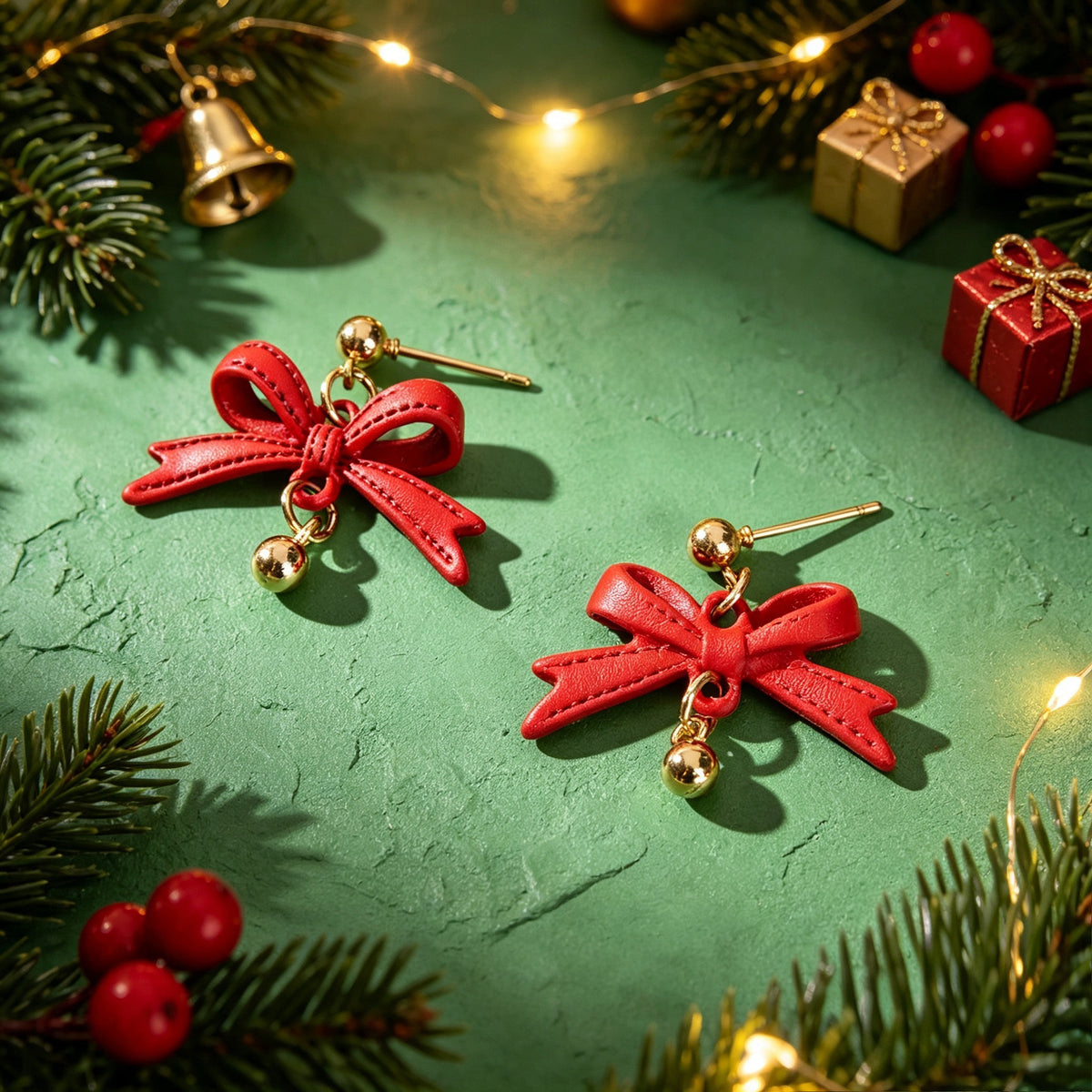 Christmas Jewelry Red PU Leather Bow Dangle Earrings Sweet Cute Party Festival Accessories