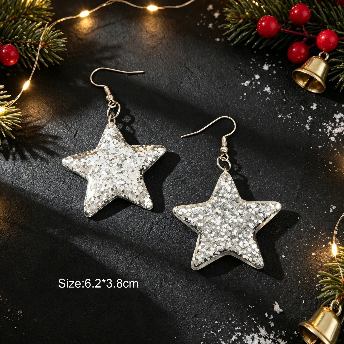 Xmas Silver Glitter Star Hook Dangle Earring Christmas Trendy Party Jewelry Gift