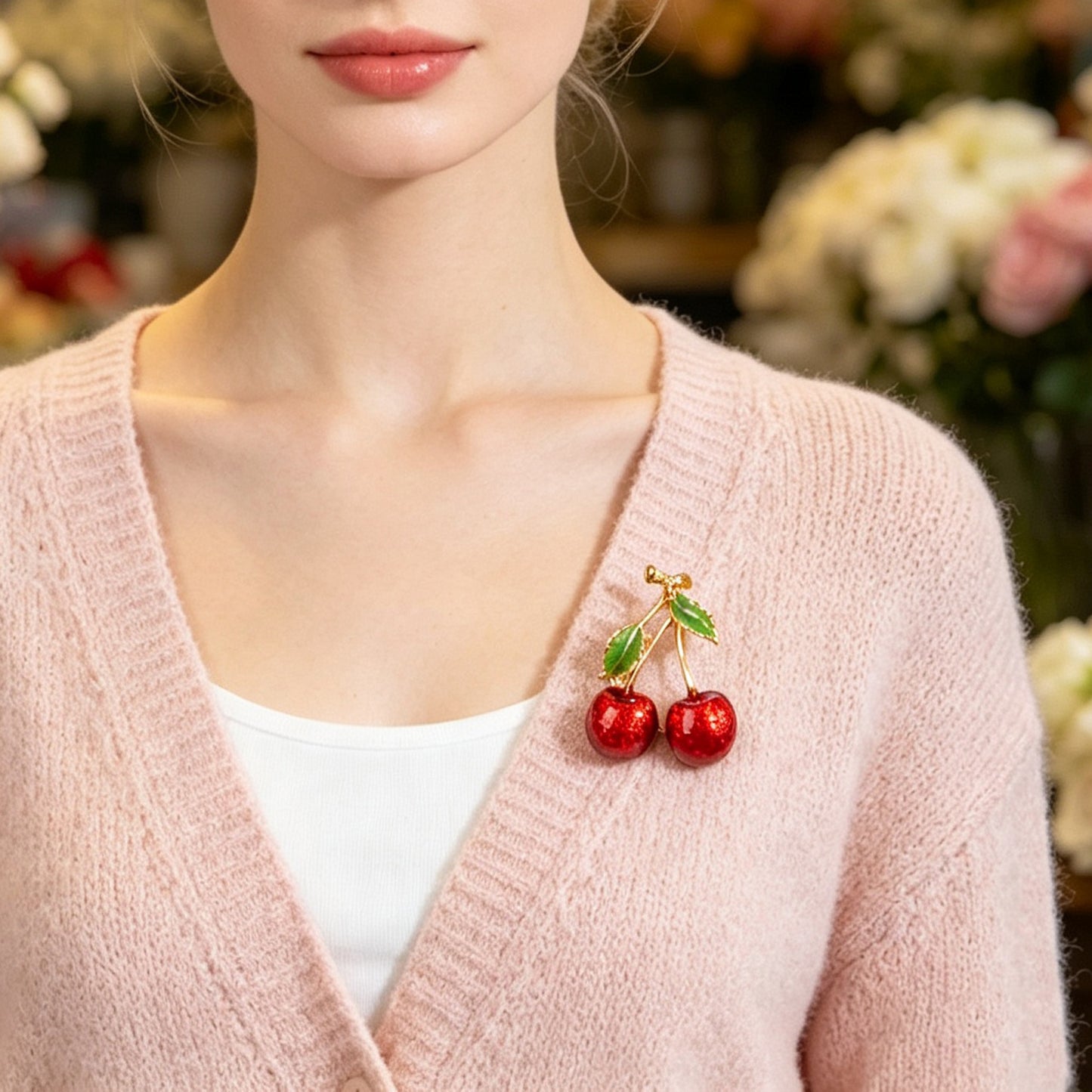 Cute Cherry Enamel Brooch Metal Fruit Lapel Pin Pretty Jacket Shawl Accessories