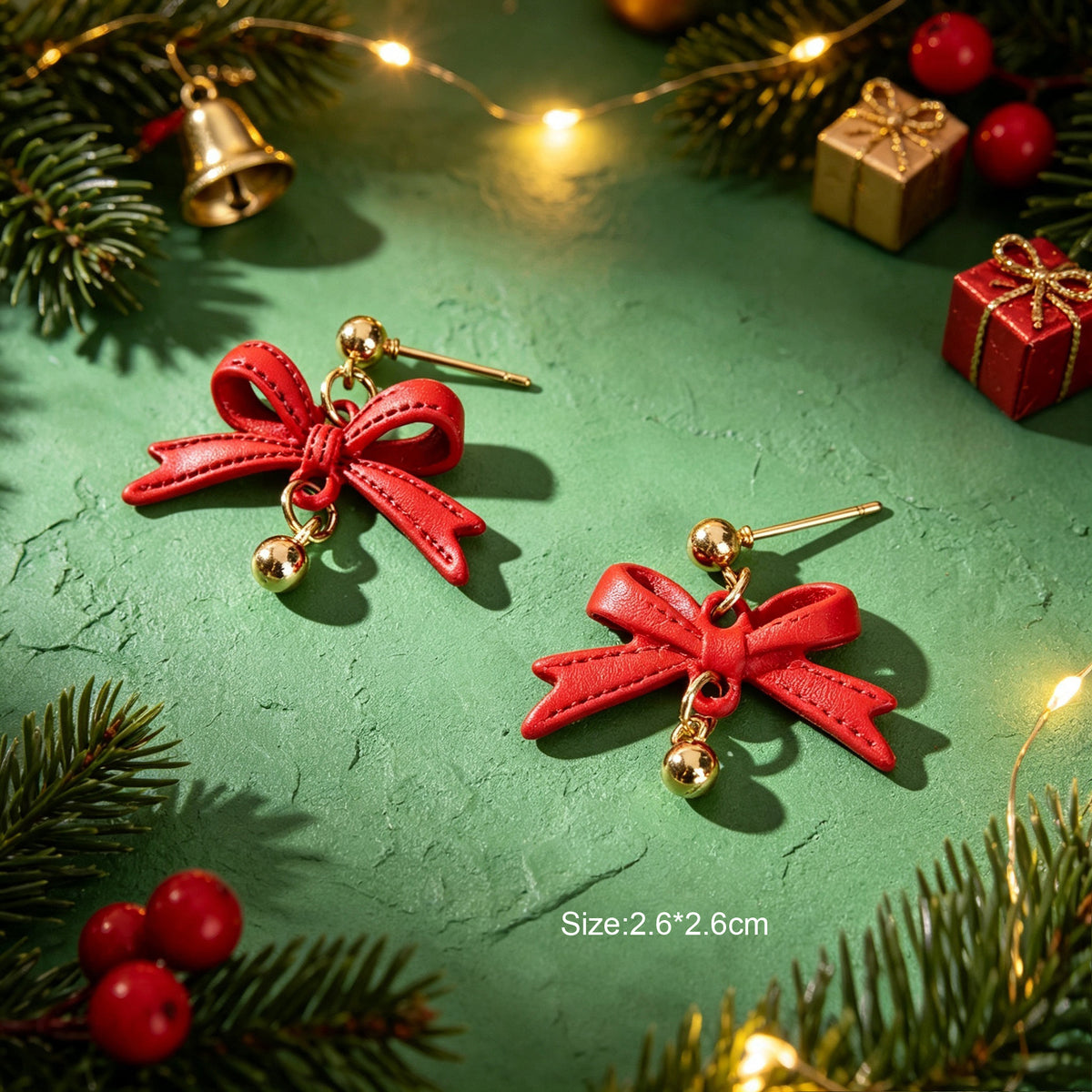 Christmas Jewelry Red PU Leather Bow Dangle Earrings Sweet Cute Party Festival Accessories