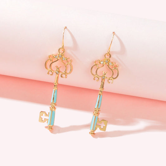 Personality Gold Colour Blue Enamel Dangling Drop Magic Key Earrings Party Gift