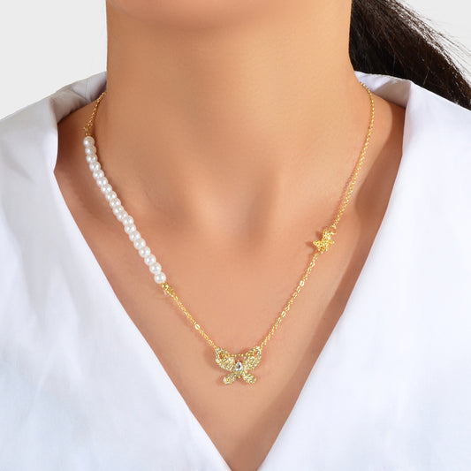 Textured Engagement Gift Jewelry Pearl Beads Chain Rhinestone Butterfly Necklace