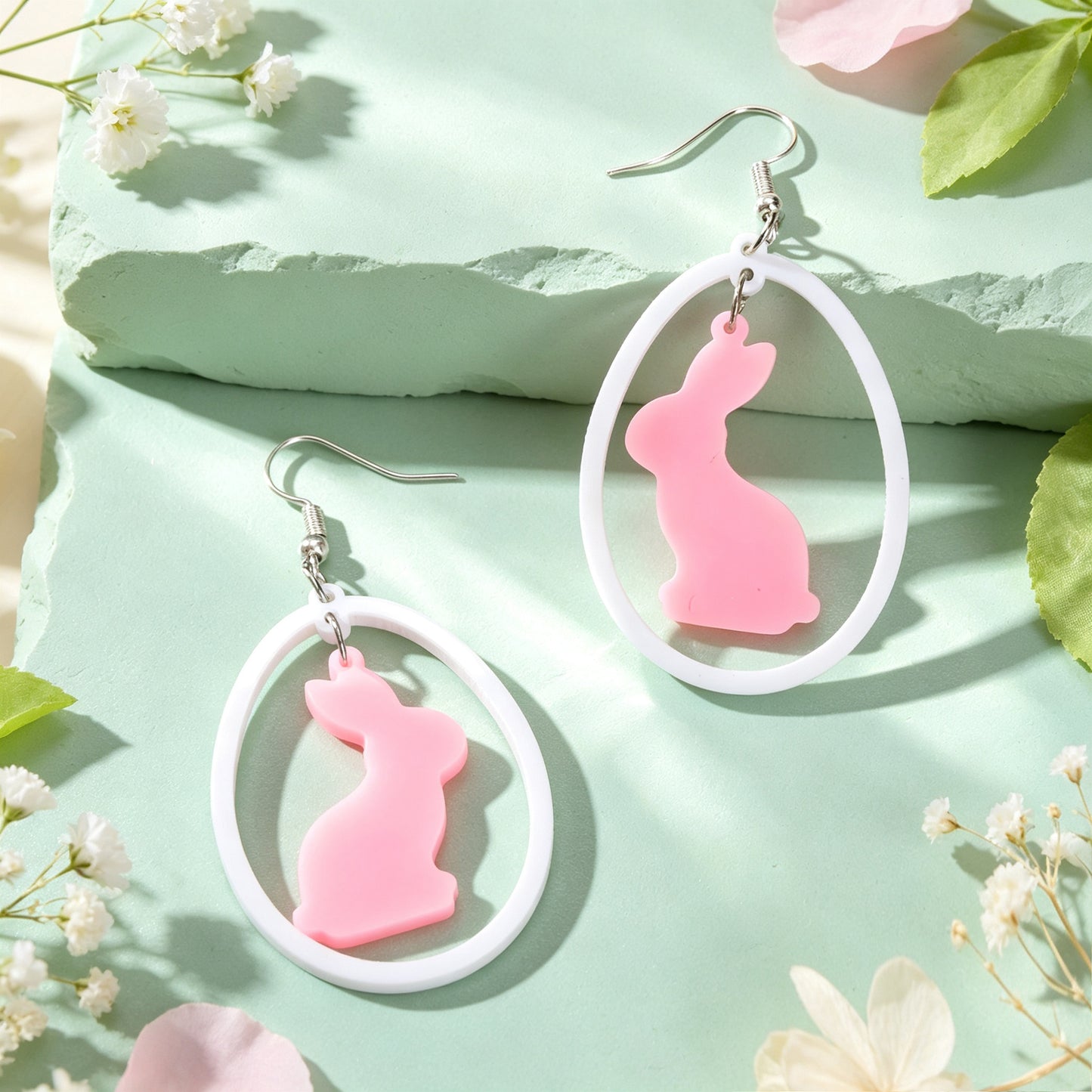 Cute Pink Rabbit Acrylic Dangle Earrings White Oval Frame Easter Beach Sweet Accessories