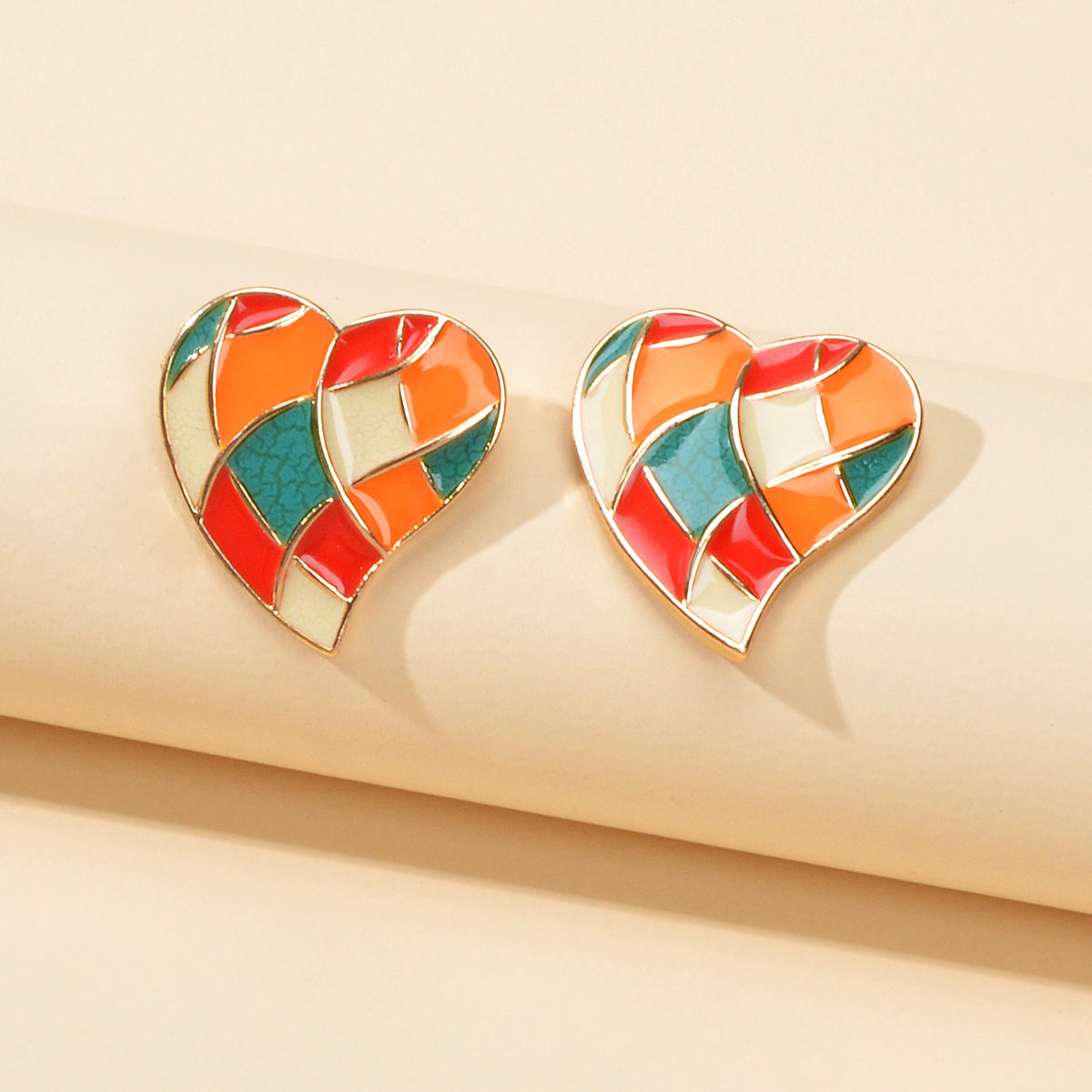 Candy Color Enamel Checkerboard Love Heart Stud Earrings Retro Trendy Accessory