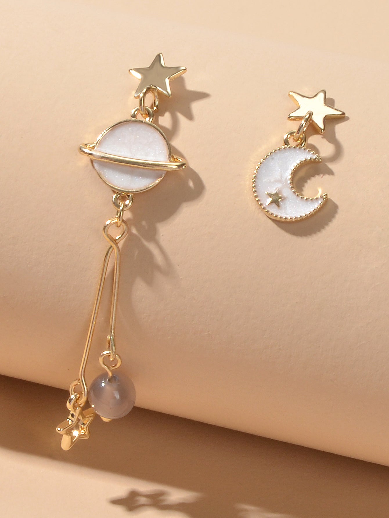 Stunning Gold Chain White Moon Planet Star Charm Stud Drop Asymmetric Earrings