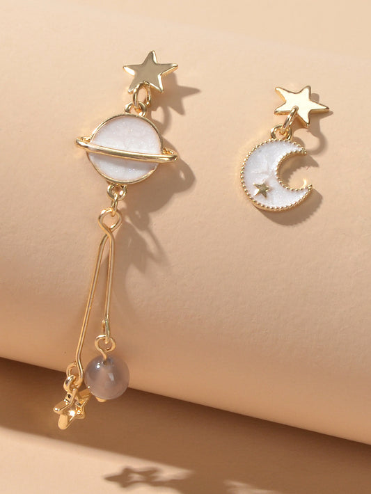 Stunning Gold Chain White Moon Planet Star Charm Stud Drop Asymmetric Earrings