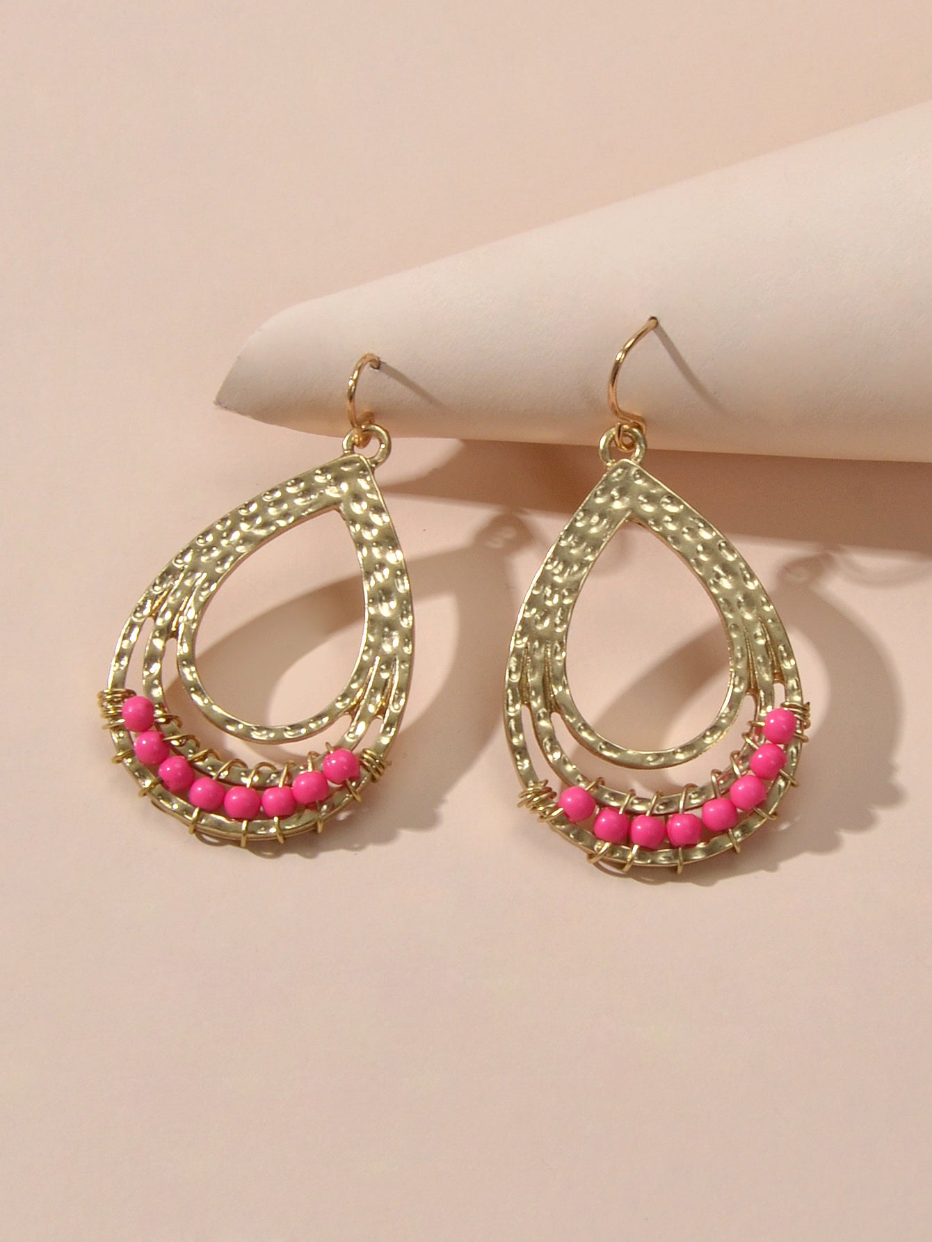 Ethnic Hotpink Beads Handmade Hollow Water Drop Bohemian Traditional Earrings