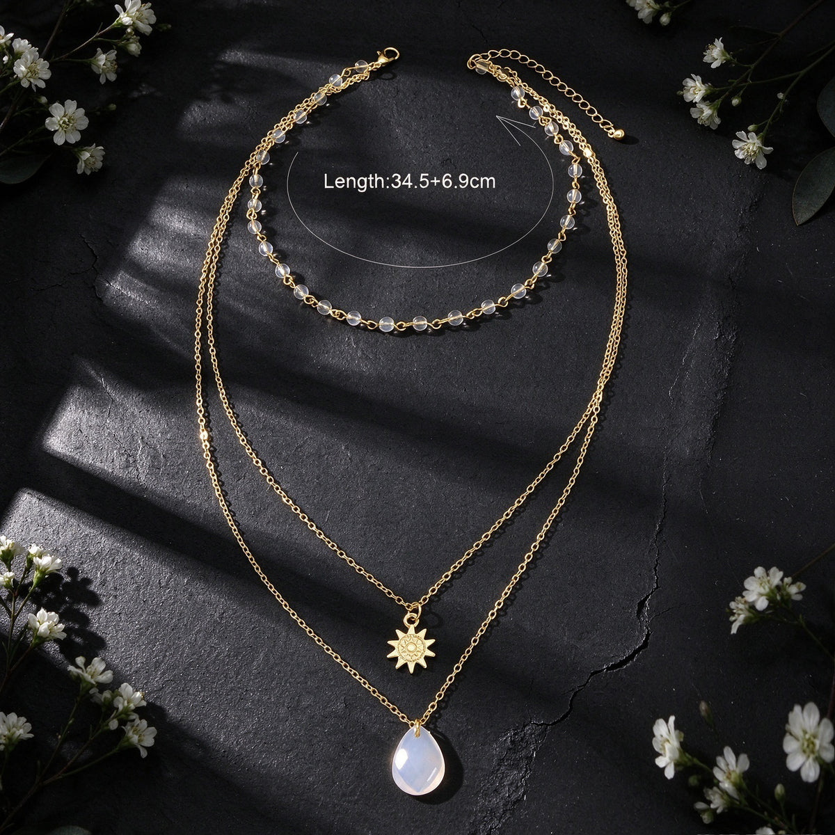 Beads Sun Water Drop Gold Silver Layered Necklace Boho Beach Vacation Jewellery