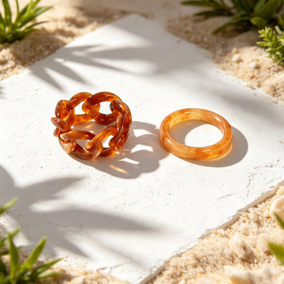 2pcs Resin Link Circle Stackable Finger Rings Boho Summer Beach Vacation Jewelry