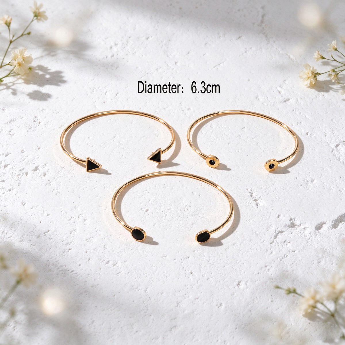 3pcs Gold Cuff Bangle Stackable Black Geometric Triangle Round Open Bracelet