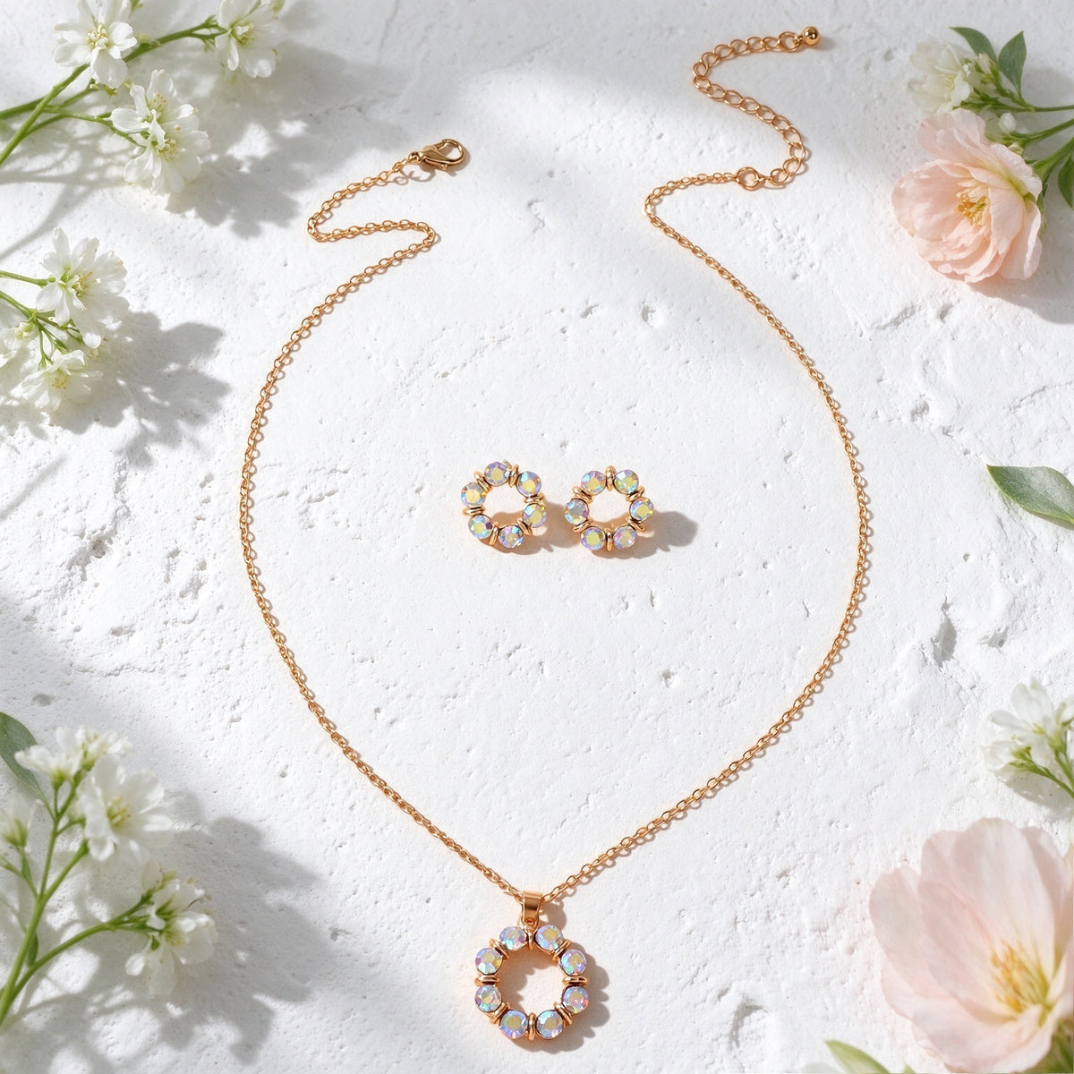 Glitter Flower Stud Earrings Pendant Necklace Jewellery Set Wedding Accessories