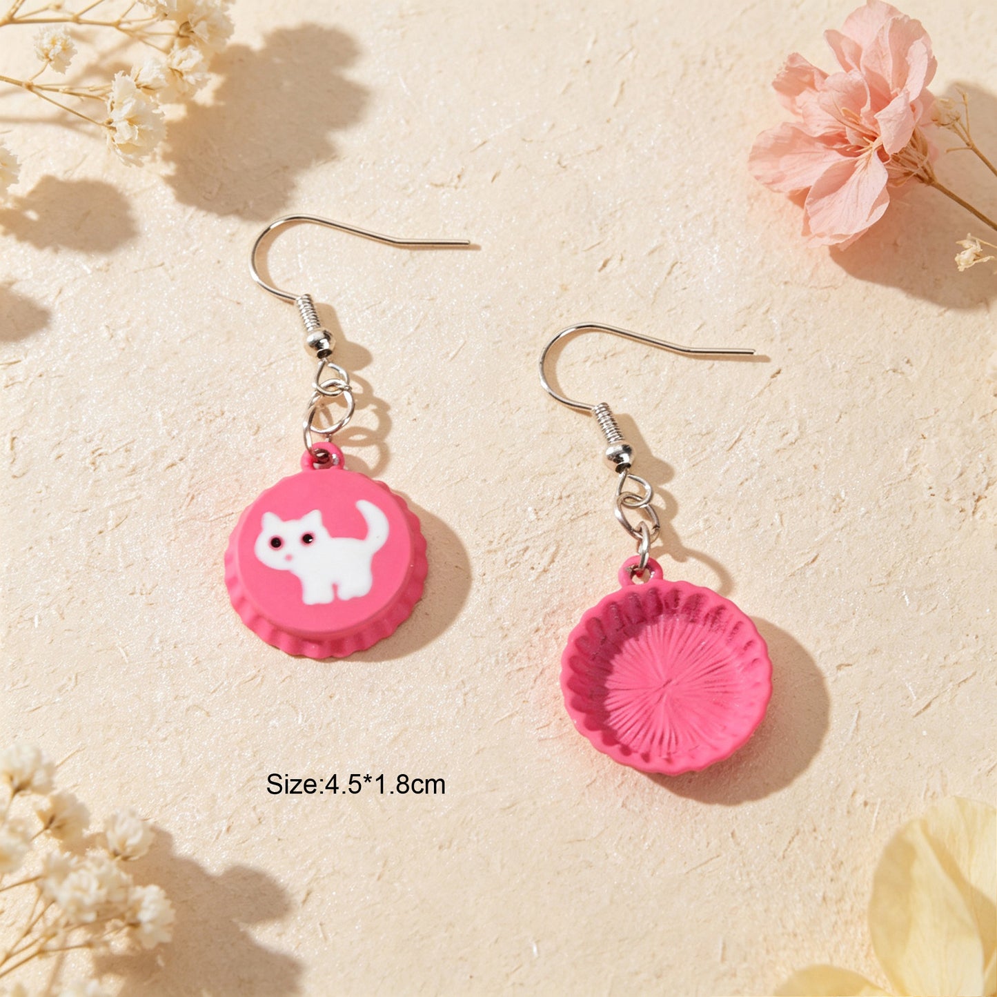 Cute White Cat Hotpink Bottle Cap Dangle Earrings Sweet Jewelry for Daily Party Gift