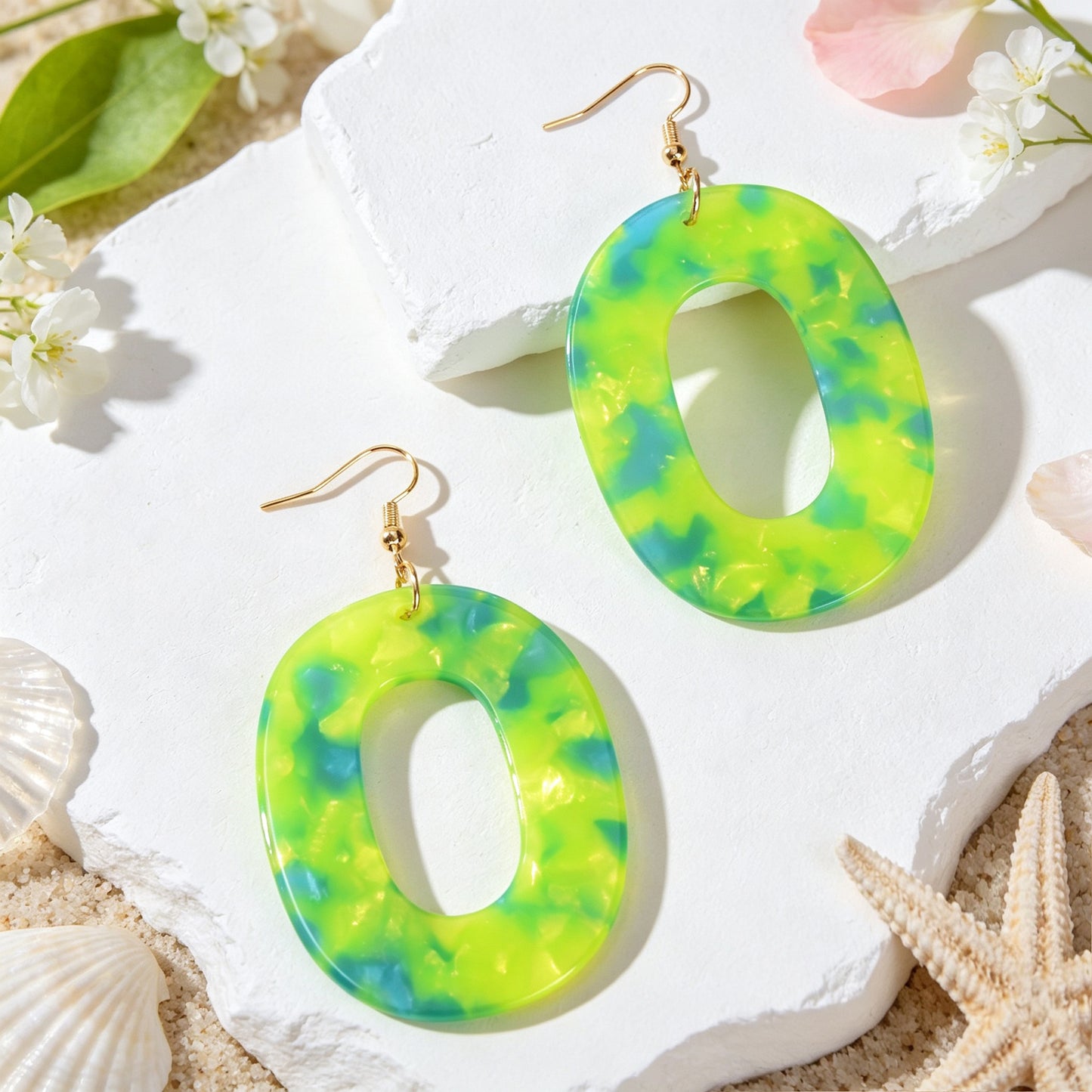 Boho Green Marble Grain Hollow Geometric Acrylic Dangle Earrings Beach Holiday Pool Party Jewelry