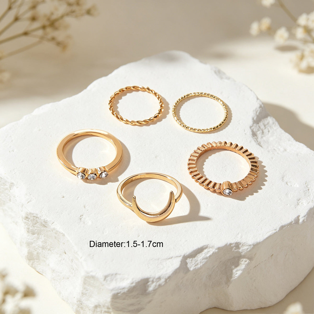 5pcs Gold Stackable Midi Finger Rings Moon Rhinestone Decor Minimalist Jewellery