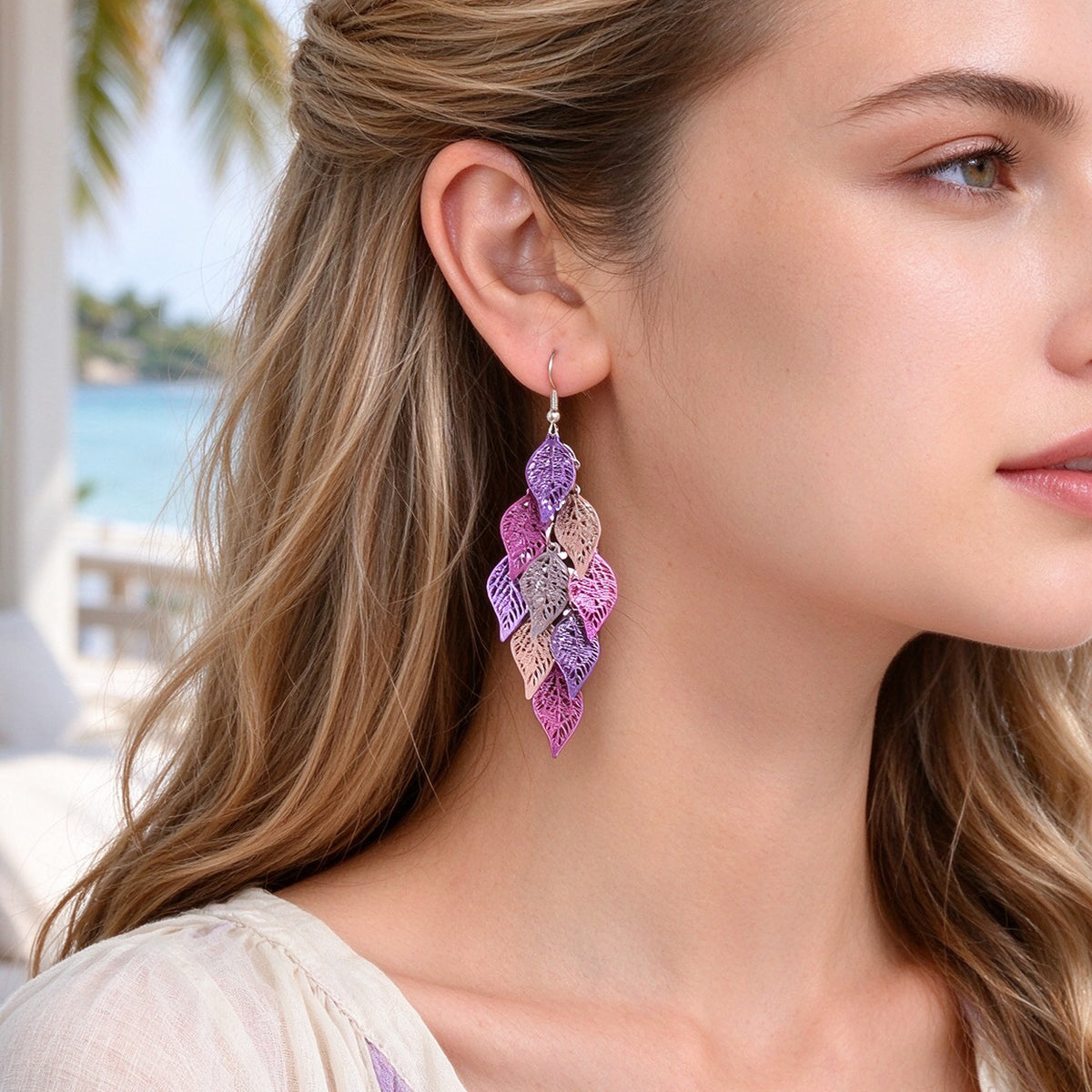 Hollow Multi Layer Leaf Tassel Dangle Earrings Boho Vacation Party Jewelry Gift