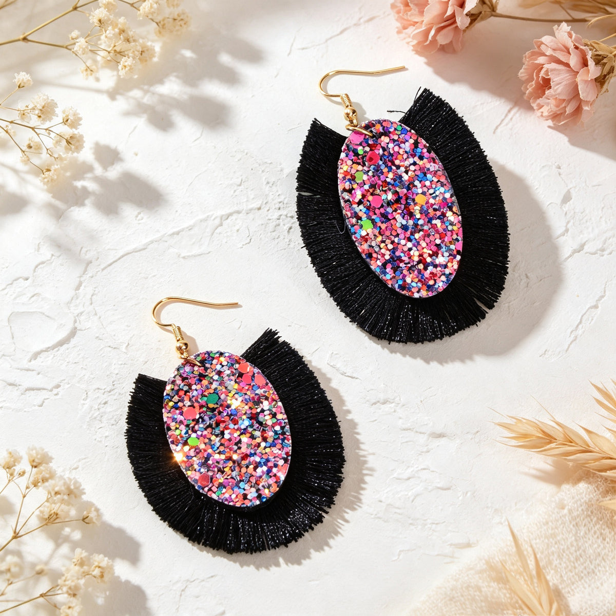 Boho Colorful Tassel Sequin Oval Dangle Earrings Chunky Summer Beach Vacation Statement Jewelry