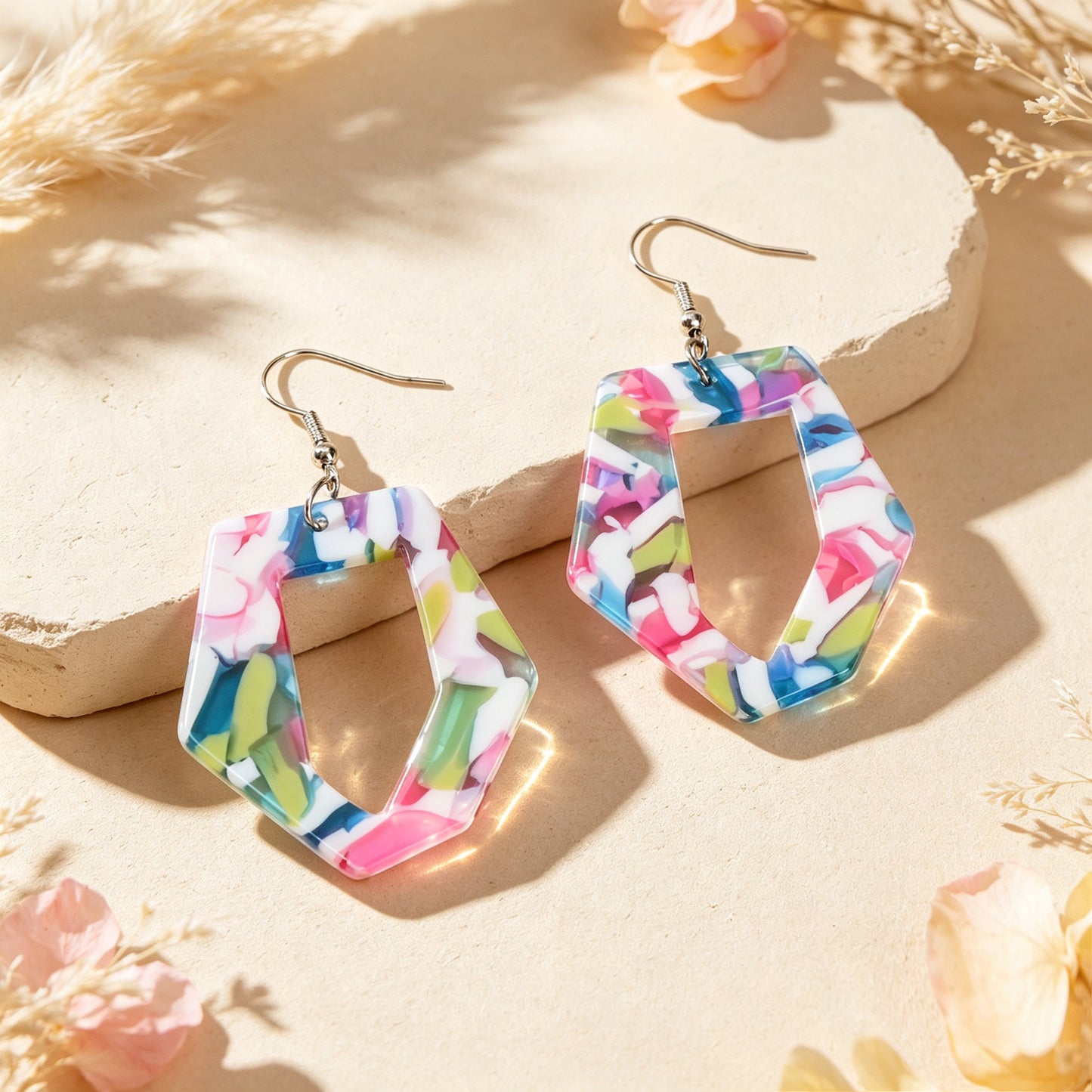 Irregular Geometric Shape Colorful Stone Vein Acrylic Earrings  Beach Vacation Pool Party Jewelry