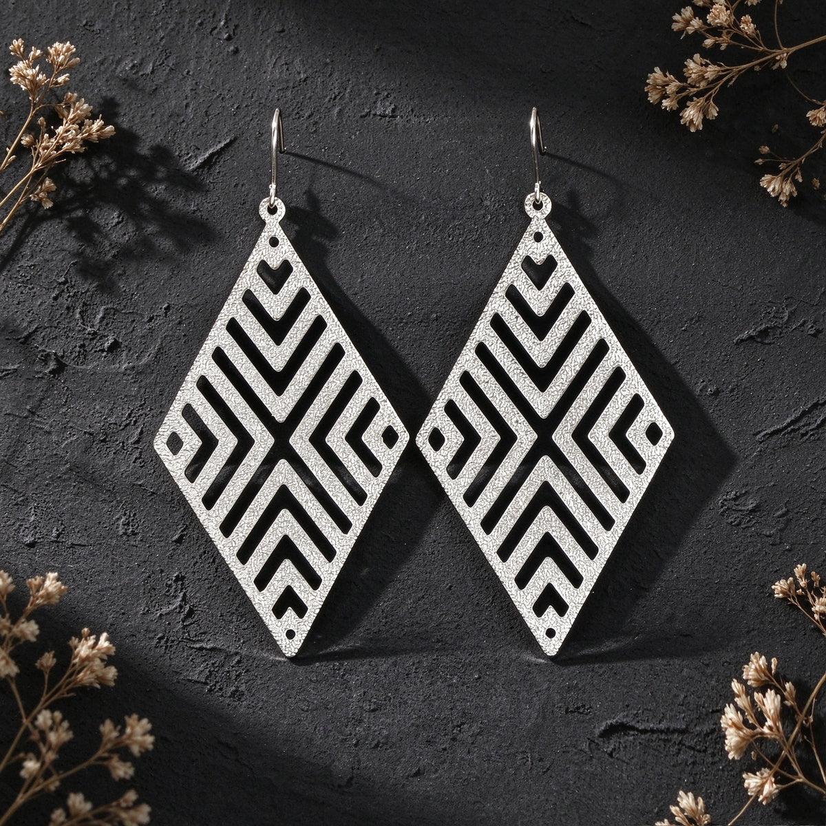 Rhombus Hollow Geometric Large Dangle Earring Black Silver Gold Vacation Jewelry