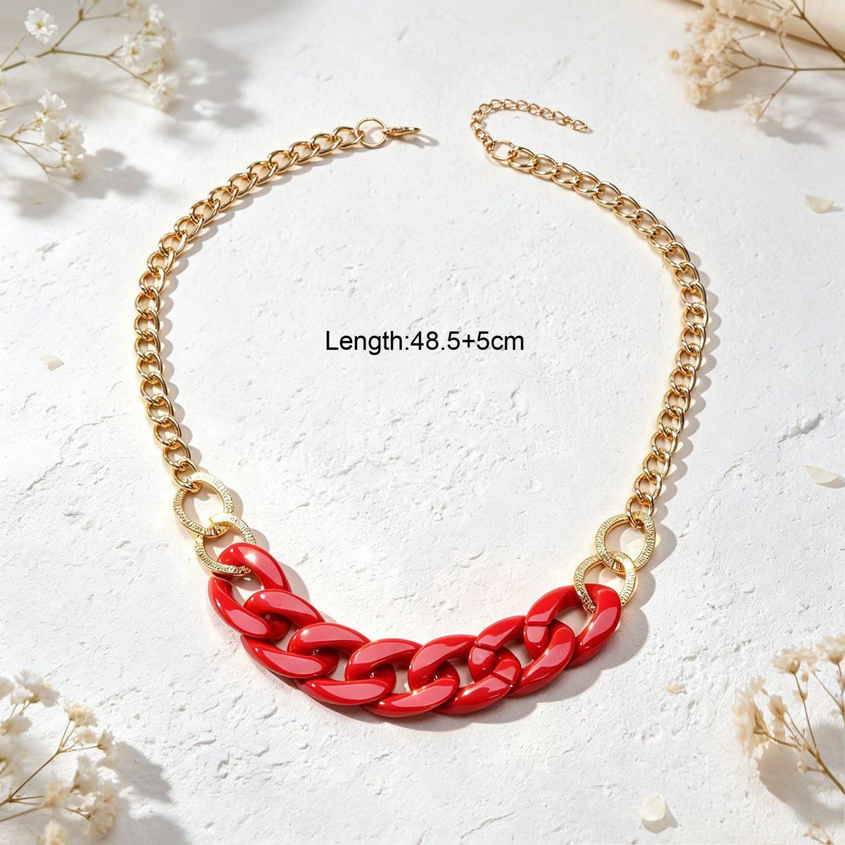 Chunky Red Resin Gold Metal Mixed Chain Collar Necklace Bold Beach Party Jewelry