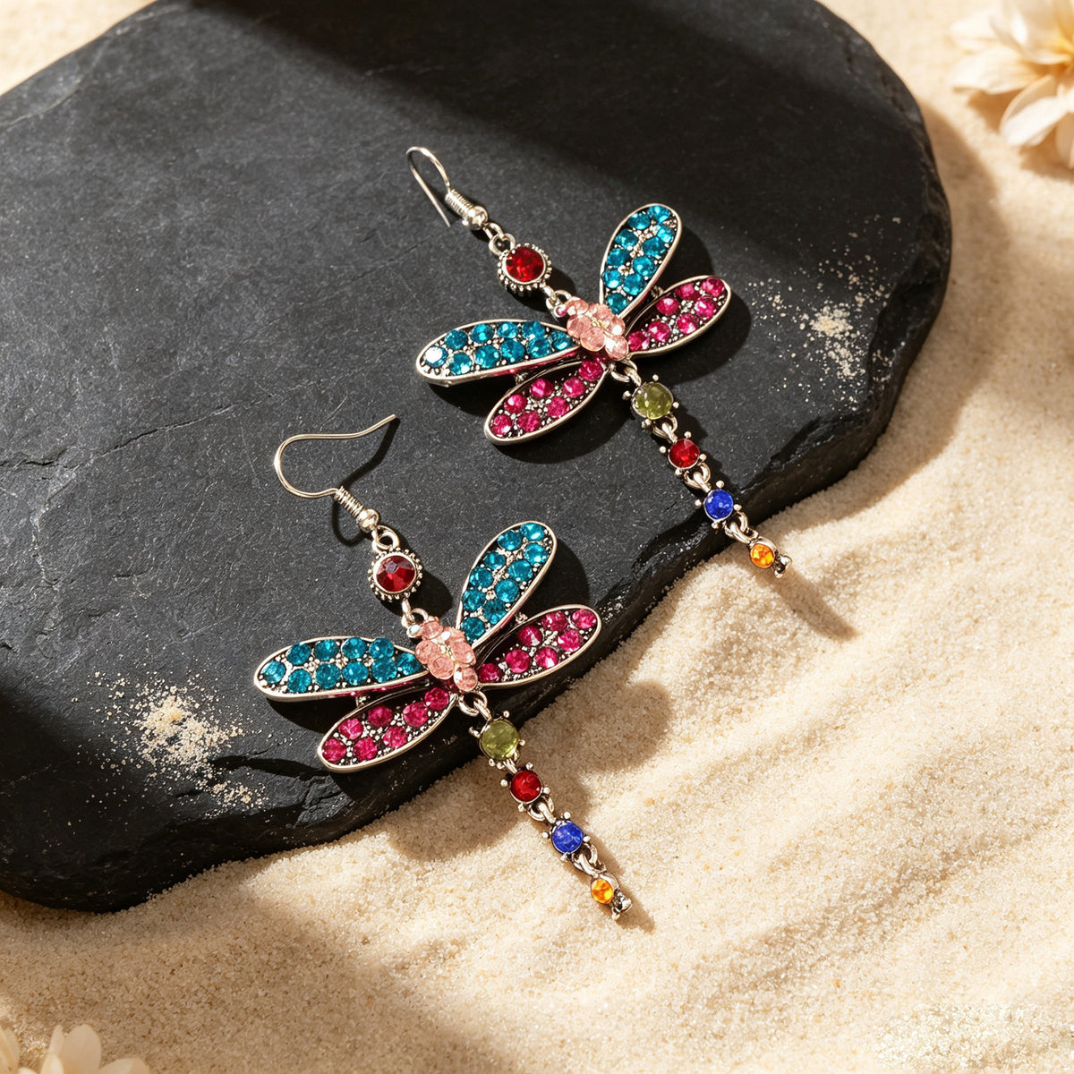 Luxury Jewellery Colorful Rhinestone Dragonfly Long Pendant Dangle Gift Earrings