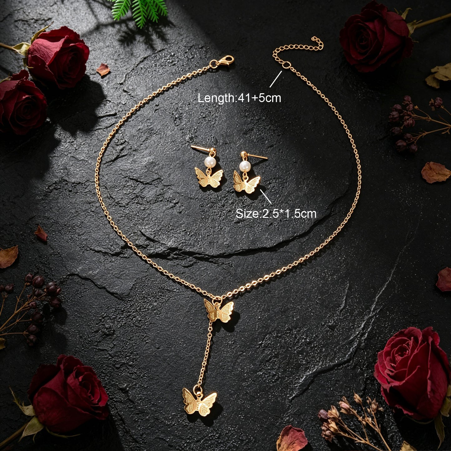 Gold Butterfly Set Y Drop Necklace Pearl Dangle Earrings Wedding Party Accessory