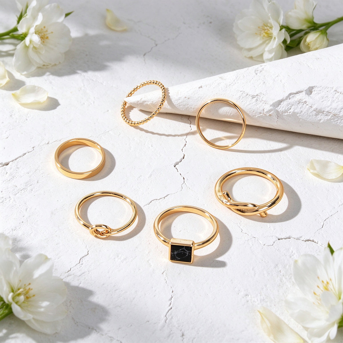 6pcs Minimalist Black Square Geometric Silver Gold Stackable Knotted Finger Ring